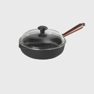 Ensemble poêle sauteuse en fonte 25 cm - Poignée en hêtre + Couvercle en verre avec bouchon en fonte