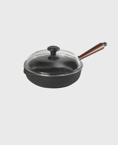 Ensemble poêle sauteuse en fonte 25 cm - Poignée en hêtre + Couvercle en verre avec bouchon en fonte
