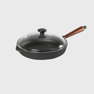 Ensemble poêle sauteuse 28 cm - Poignée en hêtre + Couvercle en verre avec bouchon en fonte