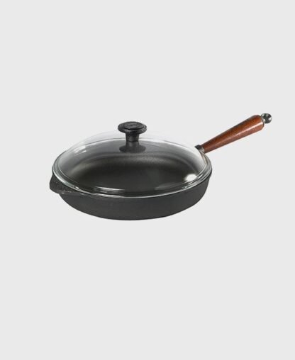 Ensemble poêle sauteuse 28 cm - Poignée en hêtre + Couvercle en verre avec bouchon en fonte